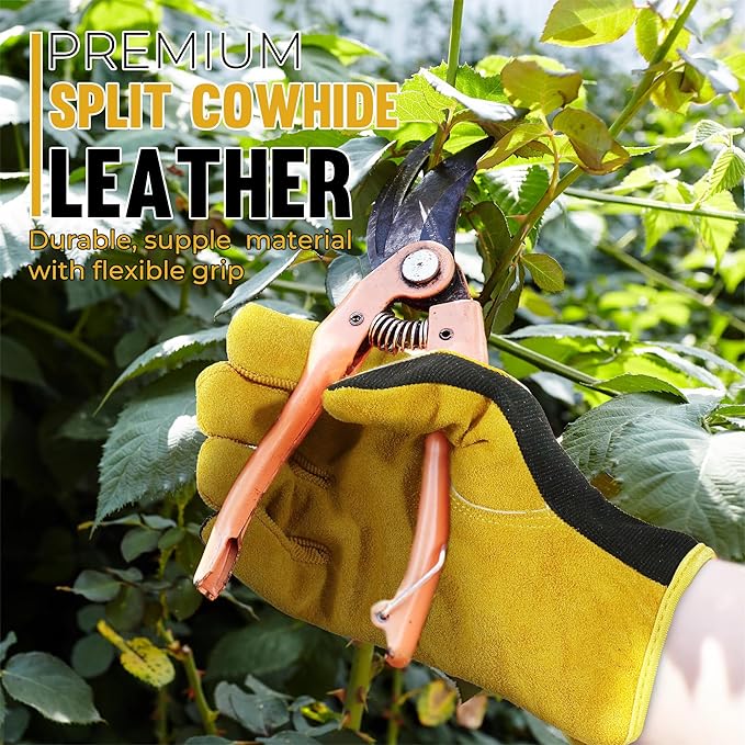 HANDLANDY Men Leather Gardening Gloves, Utility Work Gloves for Mechanics, Construction, Driver