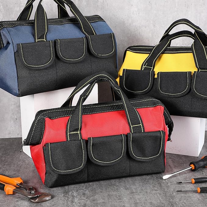 Sanwuta 3 Pack Tool Bag for Men with Waterproof Hard Bottom, Heavy Duty Tool Bag Wide Mouth Tote for Various Instrument, Electrician Carpenter Mechanic(Yellow,13 Inch,Classic)