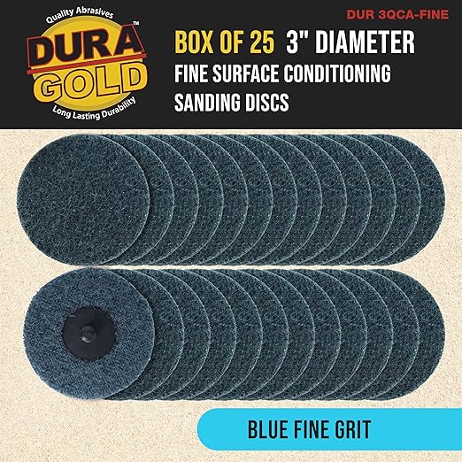Dura-Gold 3" Diameter Surface Conditioning Discs Blue Fine Sanding Grit (Box of 25) - R-Type Quick Change Roll Lock Connection Rust and Paint Removal Removes Oxidation and Scale