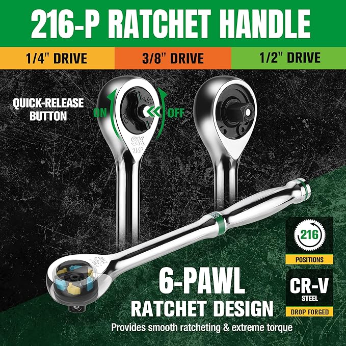 SK Mechanics Tool Set, 1/4" & 3/8" & 1/2" Drive Socket with 216-P Ratchet, 149-Piece, SAE & Metric, SuperKrome Finish, with Storage Suitcase
