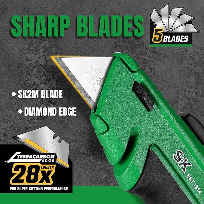 SK Retractable Utility Knife with Additional Wire Cutter, Quick Change Box Cutter, Heavy Duty Zinc Alloy, Blade Storage in Handle, Extra 4 SK2M Blades Included
