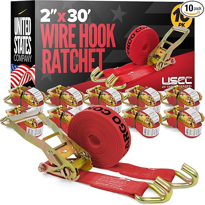 US Cargo Control Wire Hook Ratchet Straps 2 Inch x 30 Foot (10-Pack), 10,000 LBS Break Strength, Ratchet Straps Heavy Duty with Double J Hooks, Red Cargo Tie Downs for Flatbed Trailers and Trucks