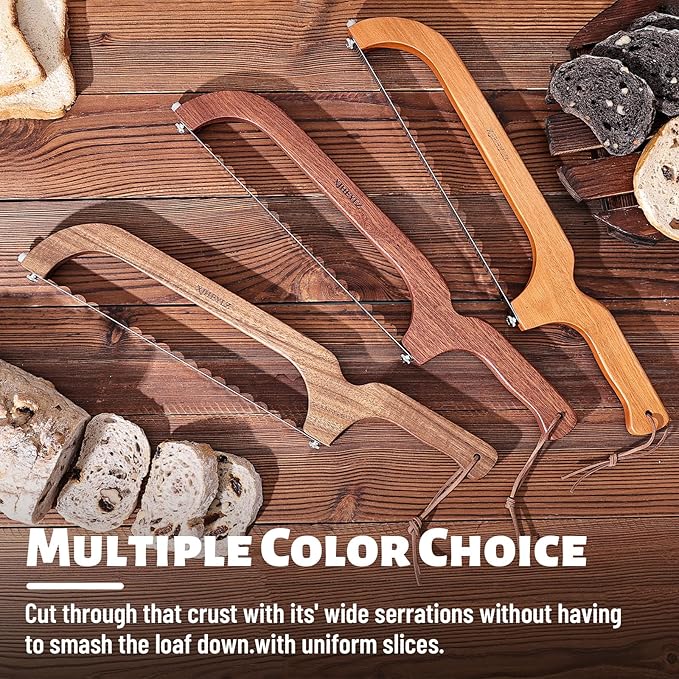 Sourdough bread knife,Bread Slicer for Homemade Bread,Adjustable blade tightness for Even Slicing, Serrated knife,Wooden Bread cutter with Bow Design (3, Natural Wood)