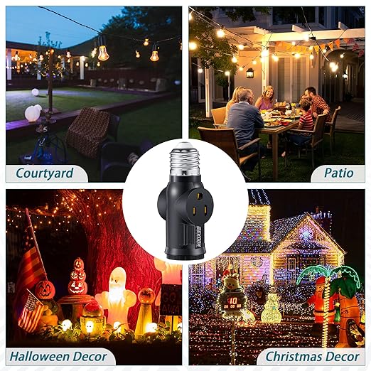 Feekoon 2 Pcs Light Socket to Plug Adapter, Convert E26 Light Socket to 3 Prong Outlet Adapter, Screw in Outlet for Lamp Sockets for Garage Porch (Black)