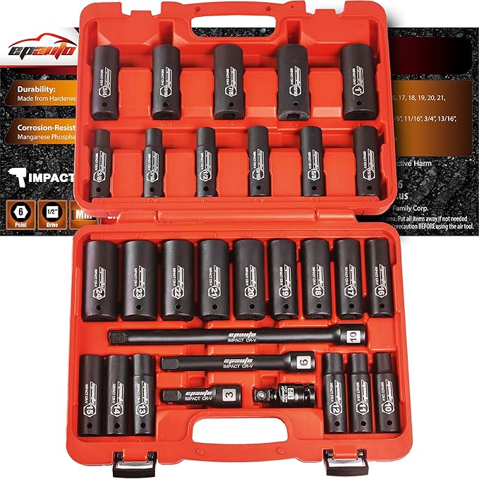 EPAuto 1/2-Inch Drive SAE (3/8-1 inch) | Metric (10-24 mm) Deep Impact Socket Set | Extension Bar | Universal Joint, Cr-V, 6 Points, 30 Pieces