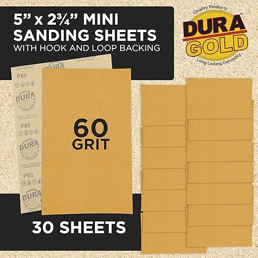 Dura-Gold Premium 5" x 2.75" Gold Sandpaper Sheets, 60 Grit (Box of 30) - Hook & Loop Backing, Wood Furniture Woodworking, Auto Paint - for Palm Sanders, Clip-On, Hand Sanding Blocks