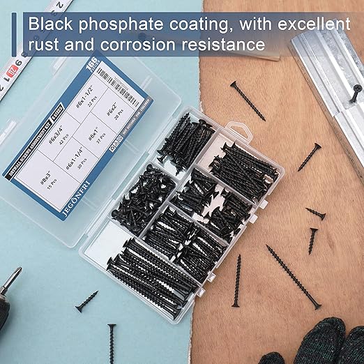 High Hardness Drywall Screws Assortment Kit, 166 pcs, Coarse Thread, Phillips Drive, Black Wood Screws, Screws Assortment, Screws Set, 6 Sizes (3??2??1-1/2??1-1/4??1??3/4??
