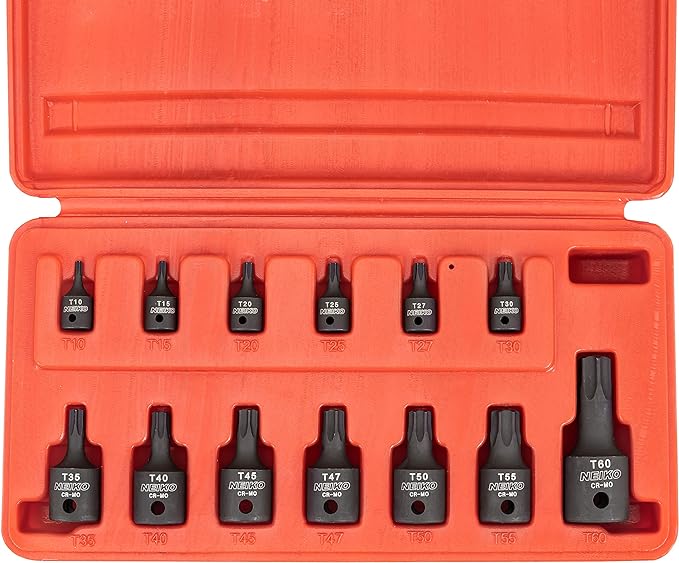 NEIKO 10281B Impact Torx Bit Socket Set, 1/4", 3/8" and 1/2" Drive, 6 Point Star Sockets, Heavy Duty Impact Grade Cr-Mo, T10 to T60 High Impact, Professional Grade Auto & Motorcycle Mechanic Socket