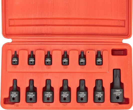NEIKO 10281B Impact Torx Bit Socket Set, 1/4", 3/8" and 1/2" Drive, 6 Point Star Sockets, Heavy Duty Impact Grade Cr-Mo, T10 to T60 High Impact, Professional Grade Auto & Motorcycle Mechanic Socket