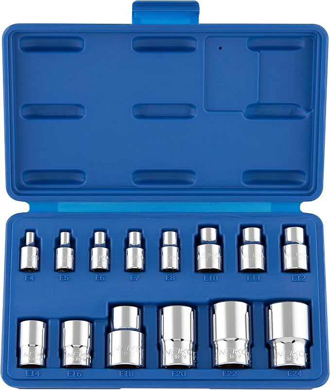 Neiko 04300A E-Torx Socket Set, 14 Piece, External Torx Socket, E4 to E24, 1/4?? 3/8??and 1/2??Drive, Female Star External Torx, Inverted Torx Socket Set, Cr-V Steel