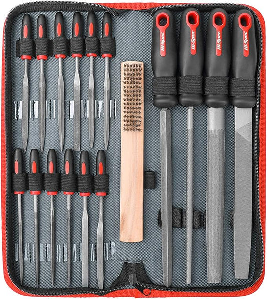 Hi-Spec 17 Piece Metal Hand & Needle File Tool Kit Set. Large & Small Mini T12 Carbon Steel Flat, Half-Round, Round & Triangle Files. Complete in a Zipper Case with a Brush