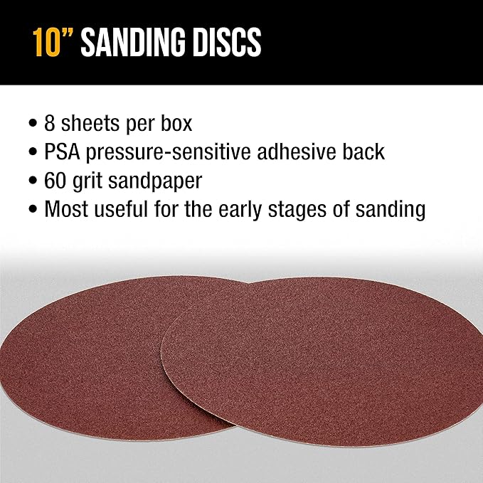 Dura-Gold Premium 10" Sanding Discs - 60 Grit (Box of 8) - Sandpaper Discs with PSA Self Adhesive Stickyback, Fast Cutting Aluminum Oxide Abrasive - Drywall, Floor, Woodworking, Automotive, Sander