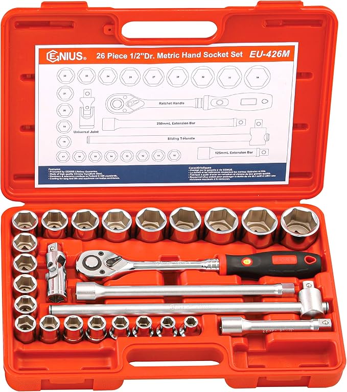 Genius Tools 26Piece 1/2" Dr. Metric Hand Socket Set EU-426M