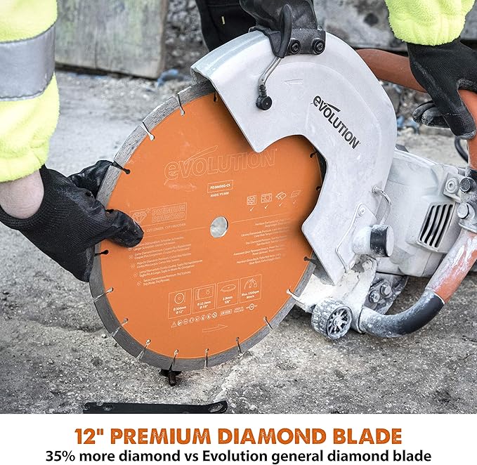 Evolution R12DCT 12 Inch Concrete Saw with Water Fed Dust Suppression (Aka Angle Grinder, Cut Off Saw, Masonry) Electric, No Gas, 4-1/2" Cut - Incl Premium Diamond Blade (Formerly R300DCT+)