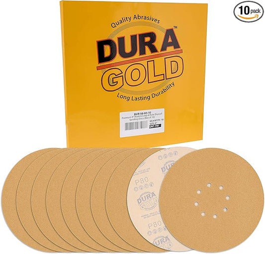 Dura-Gold Premium 9" Drywall Sanding Discs - 80 Grit (Box of 10) - 8 Hole Pattern Sandpaper Discs with Hook & Loop Backing, Fast Cutting Aluminum Oxide Abrasive - for Drywall Power Sander, Sand Wood