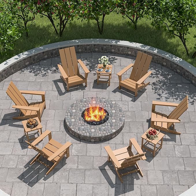 9 Pieces Adirondack Chair Set Outdoor Adirondack Chair Plastic HDPE All-Weather Adirondack Chairs Outdoor Fire Pit Chairs with Table for Deck Patio Garden（Brown）