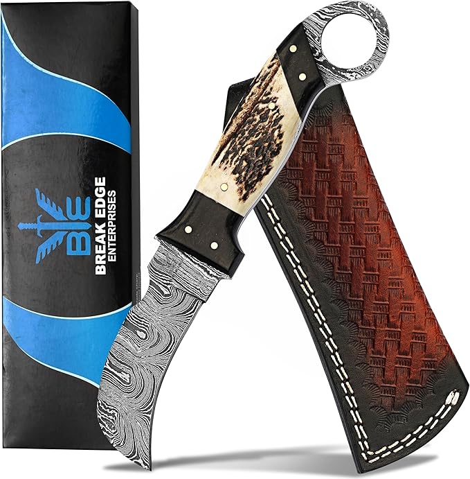 Handmade Damascus Steel,Deer Antler handle fixed blade knife with Leather sheath, Heavy Duty Utility Knife,Skinning knife for professional.