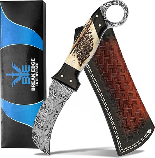 Handmade Damascus Steel,Deer Antler handle fixed blade knife with Leather sheath, Heavy Duty Utility Knife,Skinning knife for professional.