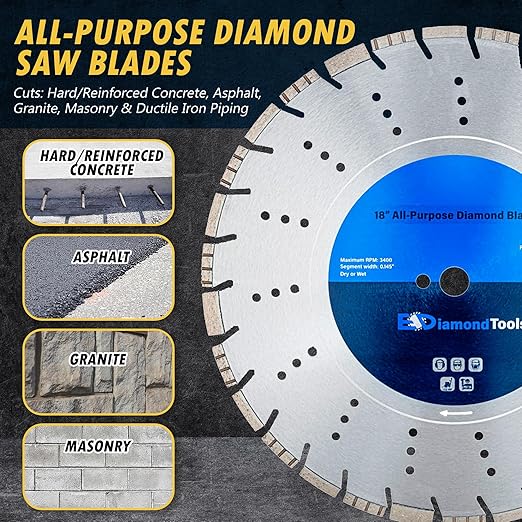 18" All Purpose Diamond Saw Blades for Hard/Reinforced Concrete, Asphalt, Granite, Terrazzo, Ductile Iron Piping, 6-5/8" Cutting Depth, 1" Arbor