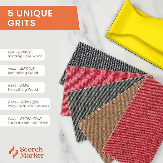 SCORCH MARKER - 16 pc Hand Sanding Kit, Sander Block, with Durable Mesh & Soft Handle, Includes 3 Sheets Each of 80, 120, 240, 320 and 600 Grit Sandpaper. Fully Reusable & Washable for Crafts & DIY