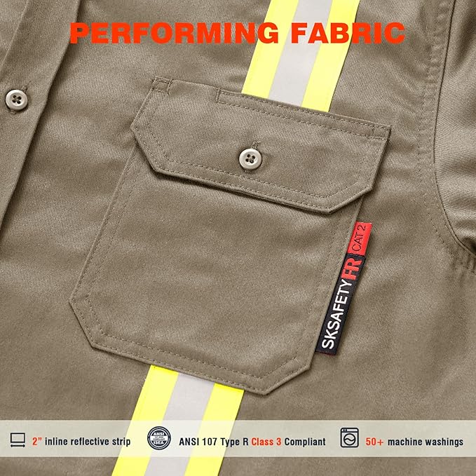 SKSAFETY 7oz FR Shirts for Men, Welding Shirt Hi Vis Flame Resistant 100% Cotton Fire Retardant Longsleeve Shirt CAT2