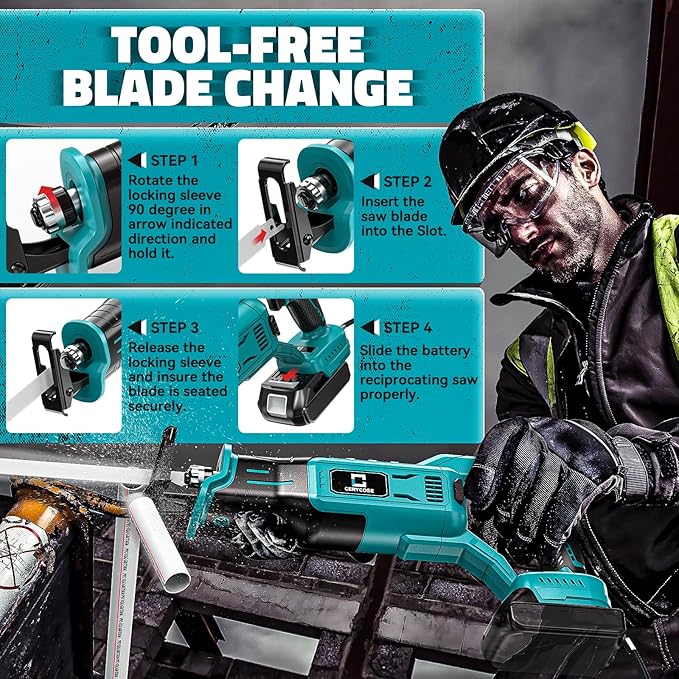 Cordless Reciprocating Saw Compatible with Makita 18V Battery, Variable Speed 1" Stroke Length,3200 SPM, Toolless Blade Change, 4 Saw Blades for Metal Wood PVC Cutting Tool Only