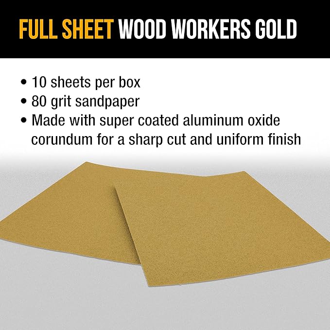 Dura-Gold Premium 9" x 11" Gold Sandpaper Sheets, 80 Grit (Box of 8) - Wood Furniture Woodworking, Automotive Paint - Full-Size Cut to Use on 1/4, 1/3, 1/2 Sheet Finishing Sanders, Hand Sanding Block