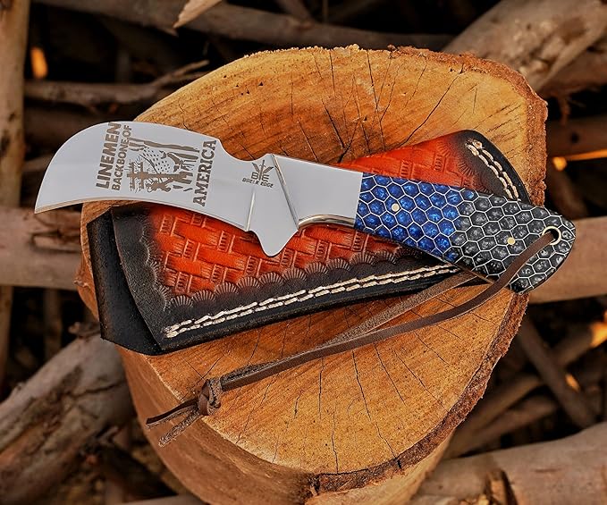 Stainless Steel Lineman's Hawkbill Knife, Fixed Blade,Full Tang, Wire Skinning, Utility Tool with Leather Sheath
