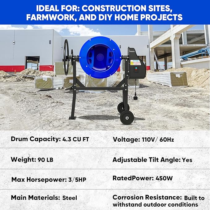 4.3 Cubic Ft Electric Concrete Mixer, 3/5HP, 450W Portable Concrete Mixer Machine with Stand And Wheels for Stucco, Mortar, Seeds (Blue)