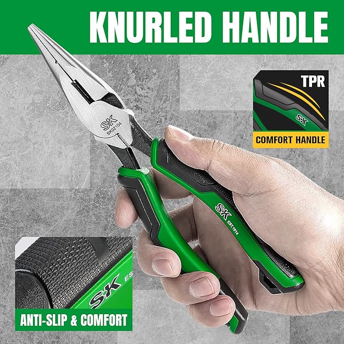 SK 8-Inch Long Nose Pliers, Needle Nose Pliers, High Carbon Steel, Ergonomic Anti-slip Handle for Comfortable Grip