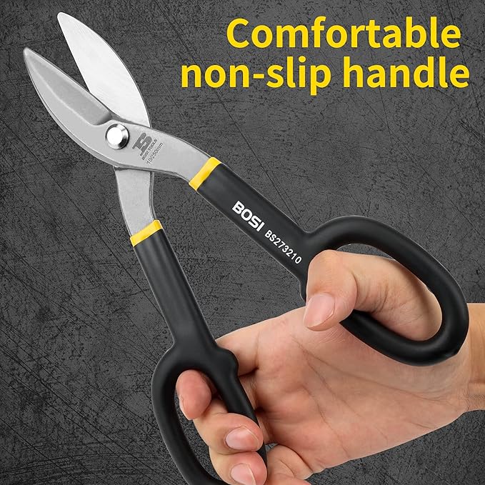 10 Inch Straight Pattern Tin Snips Metal Cutters, High Strength Forged and Heat Treated Carbon Steel with Comfortable Black Rubber Handle