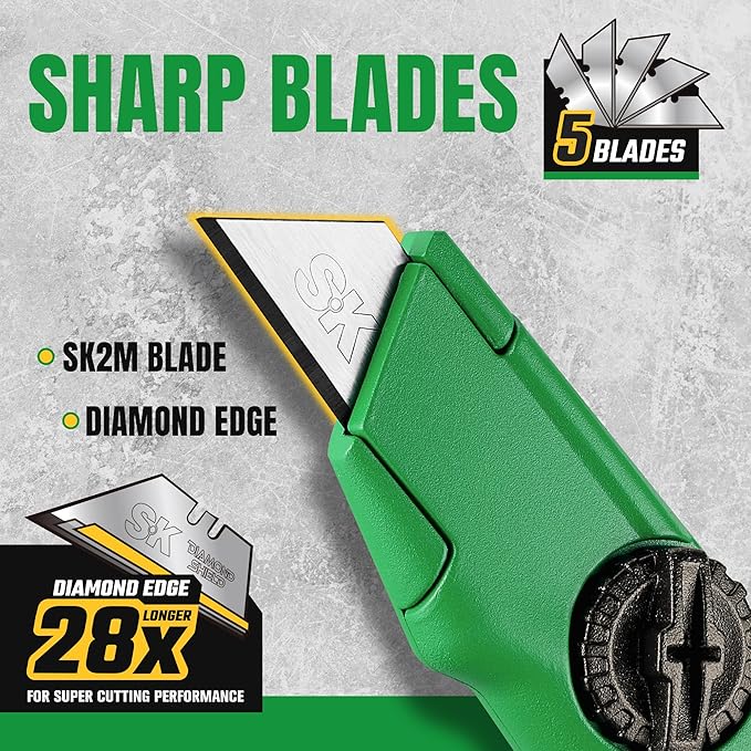 SK Fixed Blade Utility Knife, Heavy Duty Zinc Alloy Box Cutter, Tool-Free Blade Change, Blades Storage in Shell, Extra 5 SK2M Blades Included