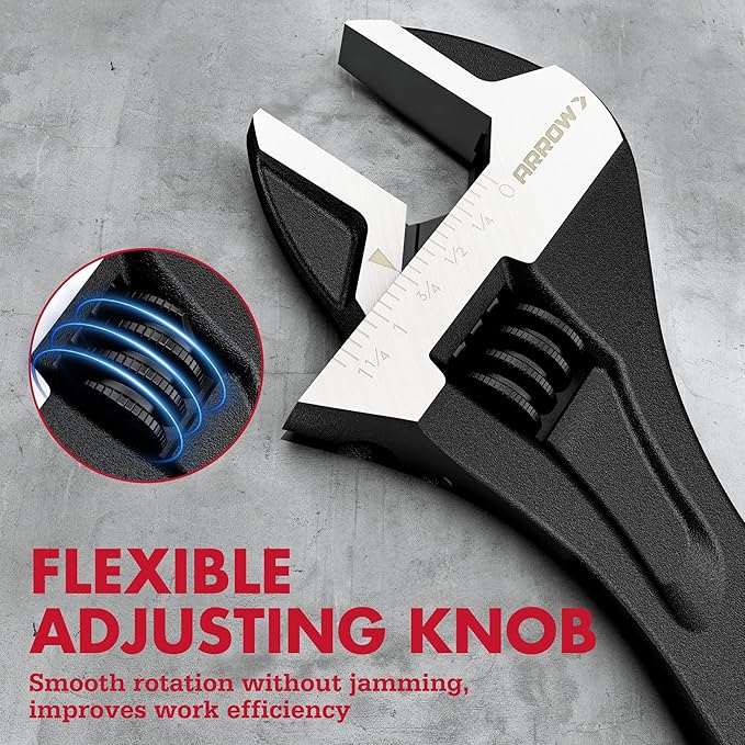 ARROW 10-Inch Adjustable Wrench, Cr-V Steel, Wide Jaw Black Oxide Wrench with Inch/Metric Laser Scales, Non-Slip Grip & Hanging Hole, for Home, Garage, Workshop and DIY