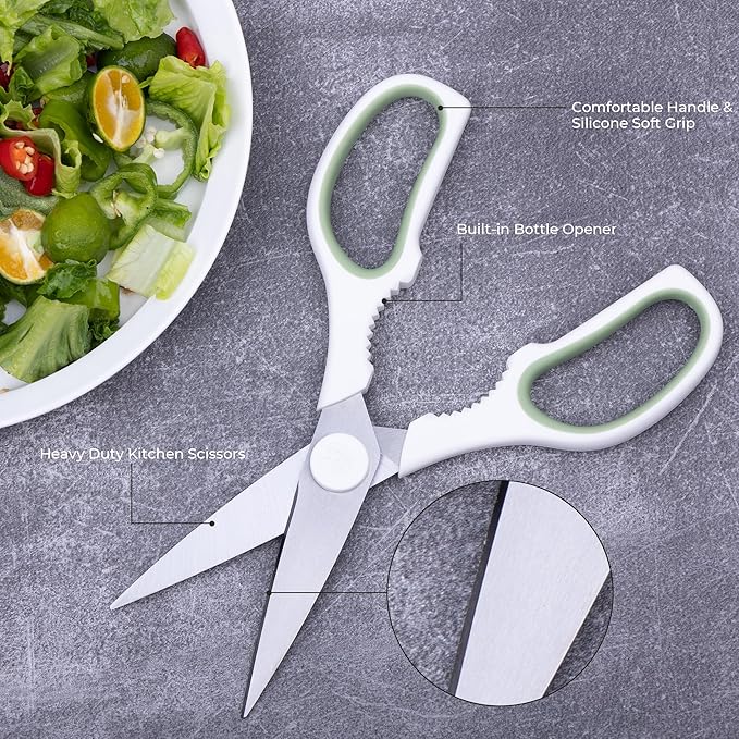 Linoroso Kitchen Scissors All Purpose Kitchen Shears with Magnetic Holder, Soft Grip Handle Cooking Scissors Dishwasher Safe with Come Apart Blade Heavy Duty Scissors for Meat, Vegetable, Herb, White