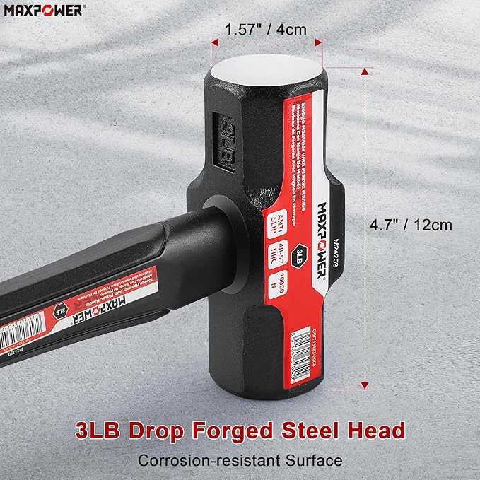 MAXPOWER 3lb Sledge Hammer, Drop forged Steel Head, 12.8 inch Fiberglass Handle Shock-Resistant