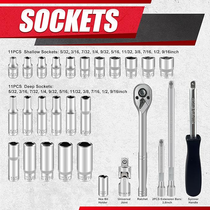 28pcs 1/4" Drive Impact Socket Set,Drive Master Socket Set,SAE, Deep&Shallow with Universal Joint,Extension bar,Ratchet Wrench,Hex Bit Holder,Spinner Handle,6 Point,CR-V Steel,Mirror Chrome