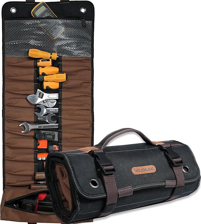 WELKINLAND 23-Pocket Canvas Tool Roll, Heavy-Duty Tool Wrap Roll, Waterproof Canvas Roll Up Tool Bag, 14'' Tool Roll Bag Organizers, Easy-Access Screwdriver Roll Up Pouch