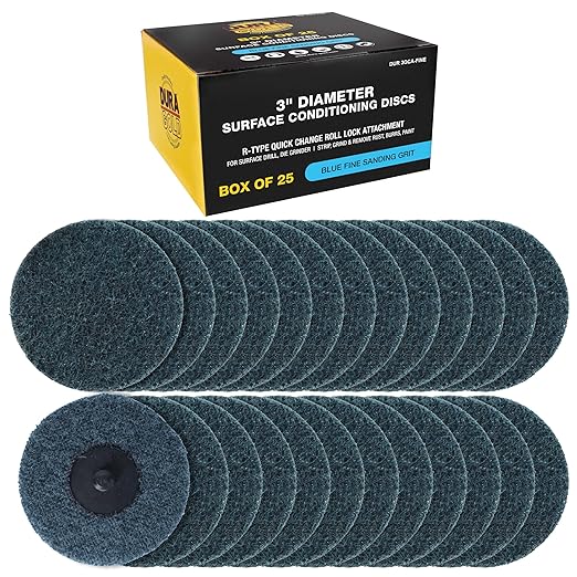 Dura-Gold 3" Diameter Surface Conditioning Discs Blue Fine Sanding Grit (Box of 25) - R-Type Quick Change Roll Lock Connection Rust and Paint Removal Removes Oxidation and Scale
