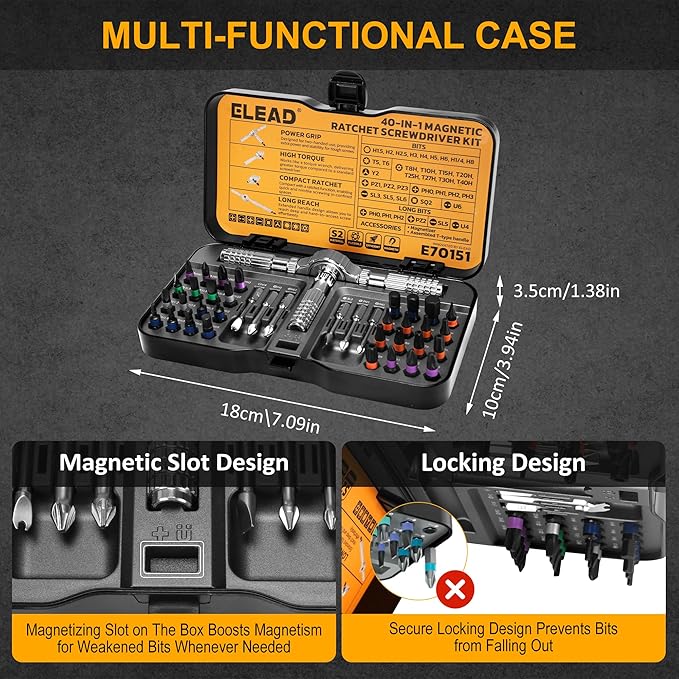 40 in 1 Magnetic Ratchet Screwdriver Set, Multi Bit Magnetic Ratcheting Screwdriver Set with Detachable Ratchet Handle, Repair Tool Kit for Computer Bicycle Furniture DIY