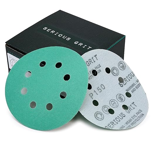 Serious Grit Sanding Discs 5 Inch 8 Hole 150 Grit - Heavy-Duty Hook & Loop Wet Dry Film Sandpaper Discs - Very Fine Sand Paper for Random Orbital Sanders - Wood, Automotive, Metal, etc - 50 Pack Box