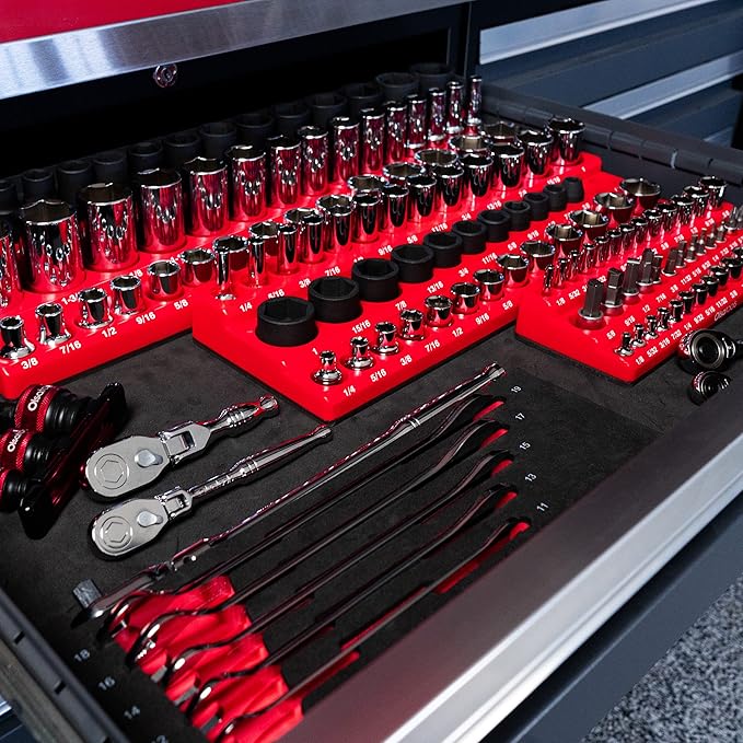 Olsa Tools Magnetic Socket Organizer | 3pc Socket Holder Kit | 1/2-Inch, 3/8-Inch, & 1/4-Inch Drive | Socket Organizers For Toolboxes | Red | Holds 123 | Professional-Grade Tool Organizer | Part 1560