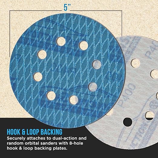 Premium 400 Grit 5" Rhombus Diamond Shape Blue Sanding Discs, 8-Hole, Box of 50 - Hook & Loop Anti-Clogging J-Cloth Dustless Sandpaper for Random Orbital Sanders, Sand Auto Paint, Wood