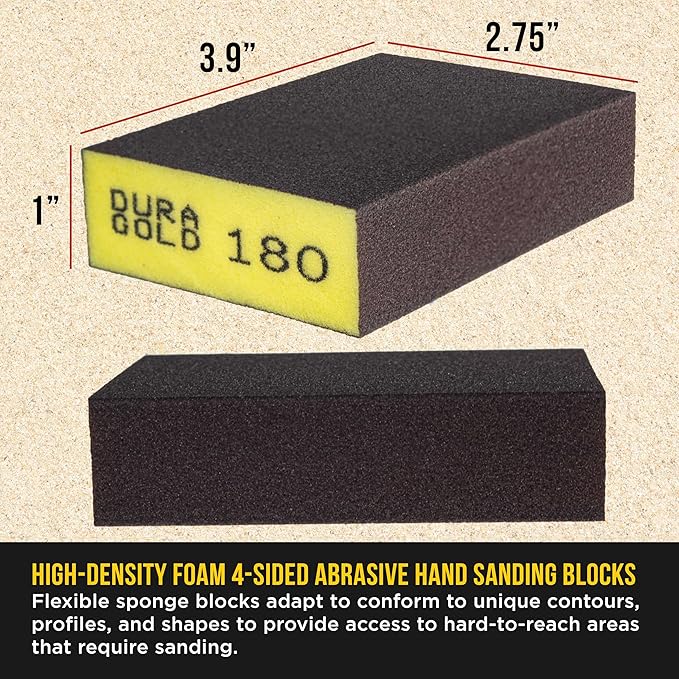 Dura-Gold 4-Sided Hand Sanding Block Sponge Variety Pack, Box of 12, Grits 60, 80, 120, 180, 220, 320-3.9" x 2.75" x 1" Wet or Dry Flexible Sandpaper Pads, Reusable - Sand Wood, Drywall, Metal Paint