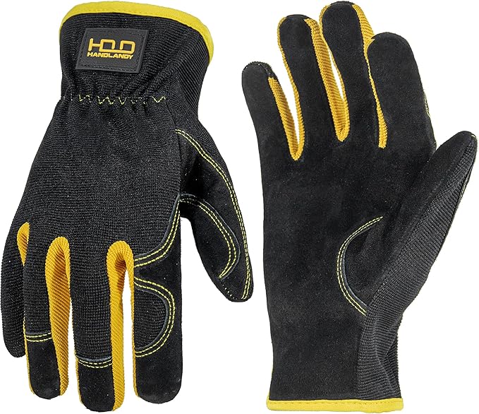 HANDLANDY Men Leather Gardening Gloves, Utility Work Gloves for Mechanics, Construction, Driver