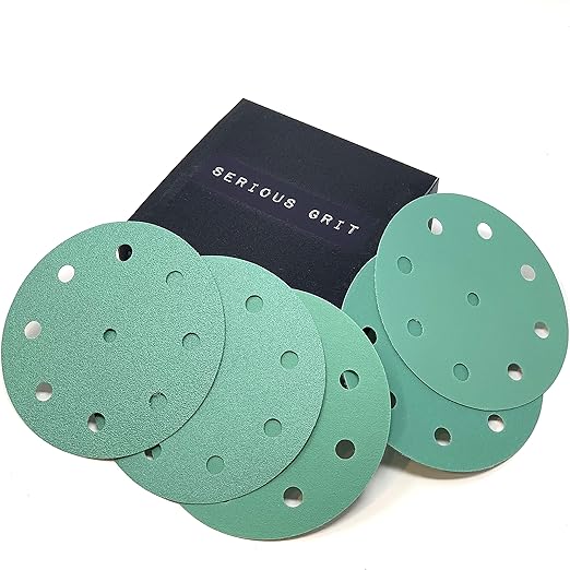 Serious Grit - 5-Inch 9-Hole Sanding Discs Assortment - 80, 120, 150, 180, 220 Grit (10 of Each) - Heavy-Duty Hook & Loop Film Discs - Sandpaper for Random Orbital Sanders - 50 Pack Box