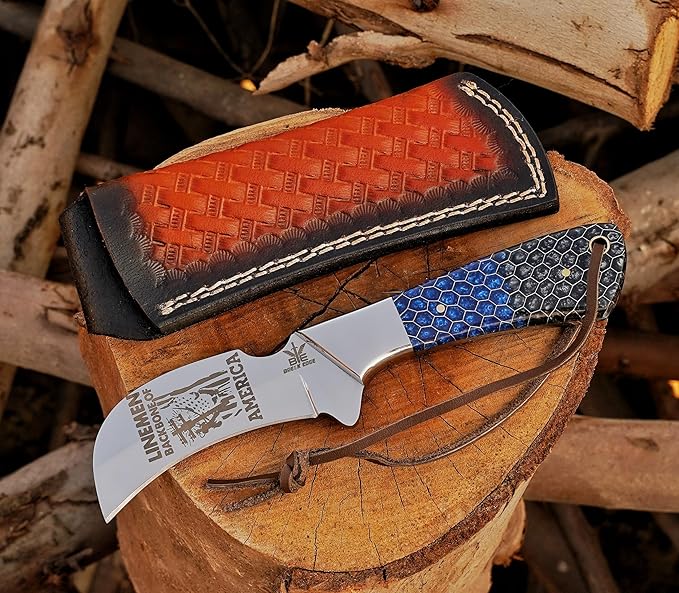 Stainless Steel Lineman's Hawkbill Knife, Fixed Blade,Full Tang, Wire Skinning, Utility Tool with Leather Sheath