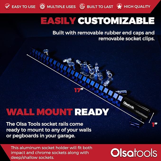 Olsa Tools Socket Organizer - 1/4-Inch Drive Socket Holder Rail - Black Aluminum Track Stores 24 Chrome or Impact Sockets - Professional Grade Metric or SAE Socket Organizer - Part: 1020