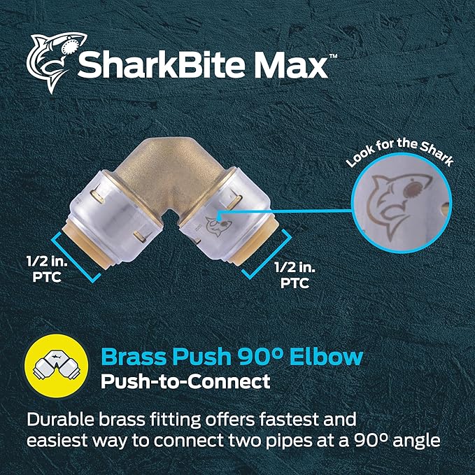 SharkBite Max 1/2 x 1/2 in PTC 90-Degree Elbow, Push-to-Connect Brass Plumbing Fitting, UR248A