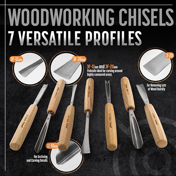 High-Quality Wood Carving Tools Set of 7 Chisels and Gouges with Canvas Case, Razor Sharp CR-V 60 Steel Woodworking Tools, Perfect Wood Carving Chisel Set for Beginners and Professionals from Schaaf