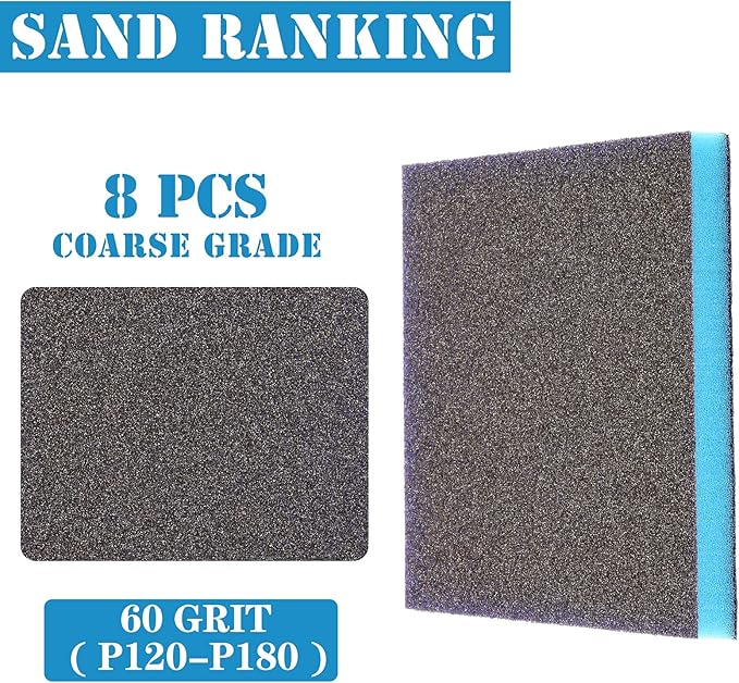 8Pcs 60 Grit Sanding Sponge, Jamiikury Coarse Sanding Blocks Washable and Reusable, Wet Dry Sandpaper Sponge for Wood Metal FurniturePaint and Drywall